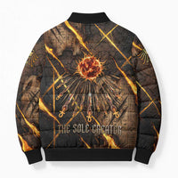 Aten Bomber Puffer Jacket Ancient Egyptian Cracked Stone Hieroglyph, Solar Eclipse Emblem, and Radiant Sunburst - Wonder Print Shop