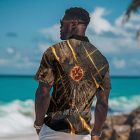 Aten Hawaiian Shirt Ancient Egyptian Cracked Stone Hieroglyph, Solar Eclipse Emblem, and Radiant Sunburst - Wonder Print Shop