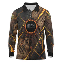 Aten Long Sleeve Polo Shirt Ancient Egyptian Cracked Stone Hieroglyph, Solar Eclipse Emblem, and Radiant Sunburst - Wonder Print Shop