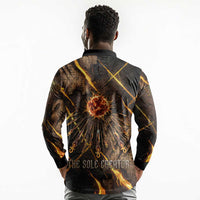 Aten Long Sleeve Polo Shirt Ancient Egyptian Cracked Stone Hieroglyph, Solar Eclipse Emblem, and Radiant Sunburst - Wonder Print Shop