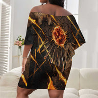 Aten Off Shoulder Short Dress Ancient Egyptian Cracked Stone Hieroglyph, Solar Eclipse Emblem, and Radiant Sunburst - Wonder Print Shop
