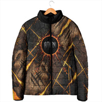 Aten Padded Jacket Ancient Egyptian Cracked Stone Hieroglyph, Solar Eclipse Emblem, and Radiant Sunburst - Wonder Print Shop