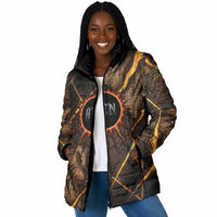 Aten Padded Jacket Ancient Egyptian Cracked Stone Hieroglyph, Solar Eclipse Emblem, and Radiant Sunburst - Wonder Print Shop