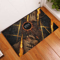 Aten Rubber Doormat Ancient Egyptian Cracked Stone Hieroglyph, Solar Eclipse Emblem, and Radiant Sunburst - Wonder Print Shop