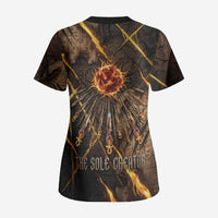 Aten Scrub Top Ancient Egyptian Cracked Stone Hieroglyph, Solar Eclipse Emblem, and Radiant Sunburst - Wonder Print Shop