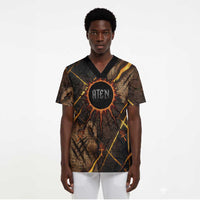 Aten Scrub Top Ancient Egyptian Cracked Stone Hieroglyph, Solar Eclipse Emblem, and Radiant Sunburst - Wonder Print Shop