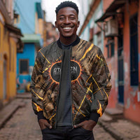 Aten Sleeve Zip Bomber Jacket Ancient Egyptian Cracked Stone Hieroglyph, Solar Eclipse Emblem, and Radiant Sunburst - Wonder Print Shop