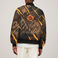 Aten Sleeve Zip Bomber Jacket Ancient Egyptian Cracked Stone Hieroglyph, Solar Eclipse Emblem, and Radiant Sunburst - Wonder Print Shop