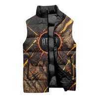 Aten Sleeveless Puffer Jacket Ancient Egyptian Cracked Stone Hieroglyph, Solar Eclipse Emblem, and Radiant Sunburst - Wonder Print Shop