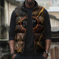 Aten Sleeveless Puffer Jacket Ancient Egyptian Cracked Stone Hieroglyph, Solar Eclipse Emblem, and Radiant Sunburst - Wonder Print Shop
