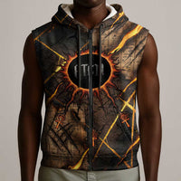Aten Sleeveless Zip Hoodie Ancient Egyptian Cracked Stone Hieroglyph, Solar Eclipse Emblem, and Radiant Sunburst - Wonder Print Shop