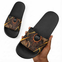 Aten Slide Sandals Ancient Egyptian Cracked Stone Hieroglyph, Solar Eclipse Emblem, and Radiant Sunburst - Wonder Print Shop