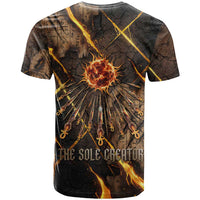 Aten T shirt Ancient Egyptian Cracked Stone Hieroglyph, Solar Eclipse Emblem, and Radiant Sunburst - Wonder Print Shop