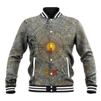 Aten Ancient Egyptian Baseball Jacket with Gray Astronomical Chart, Radiant Sun Disc Emblem, and Ankh - Wonder Print Shop