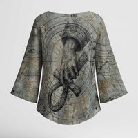 Aten Ancient Egyptian Kimono Sleeve Blouse with Gray Astronomical Chart, Radiant Sun Disc Emblem, and Ankh - Wonder Print Shop