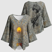 Aten Ancient Egyptian Kimono Sleeve Blouse with Gray Astronomical Chart, Radiant Sun Disc Emblem, and Ankh - Wonder Print Shop