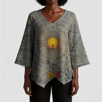 Aten Ancient Egyptian Kimono Sleeve Blouse with Gray Astronomical Chart, Radiant Sun Disc Emblem, and Ankh - Wonder Print Shop