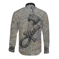 Aten Ancient Egyptian Long Sleeve Button Shirt with Gray Astronomical Chart, Radiant Sun Disc Emblem, and Ankh - Wonder Print Shop