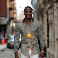 Aten Ancient Egyptian Long Sleeve Button Shirt with Gray Astronomical Chart, Radiant Sun Disc Emblem, and Ankh - Wonder Print Shop