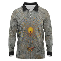 Aten Ancient Egyptian Long Sleeve Polo Shirt with Gray Astronomical Chart, Radiant Sun Disc Emblem, and Ankh - Wonder Print Shop