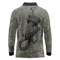 Aten Ancient Egyptian Long Sleeve Polo Shirt with Gray Astronomical Chart, Radiant Sun Disc Emblem, and Ankh - Wonder Print Shop