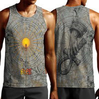 Aten Ancient Egyptian Men Tank Top with Gray Astronomical Chart, Radiant Sun Disc Emblem, and Ankh - Wonder Print Shop
