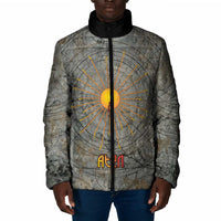 Aten Ancient Egyptian Padded Jacket with Gray Astronomical Chart, Radiant Sun Disc Emblem, and Ankh - Wonder Print Shop