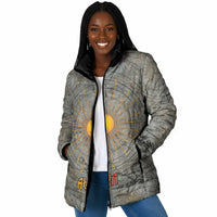 Aten Ancient Egyptian Padded Jacket with Gray Astronomical Chart, Radiant Sun Disc Emblem, and Ankh - Wonder Print Shop