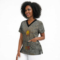Aten Ancient Egyptian Scrub Top with Gray Astronomical Chart, Radiant Sun Disc Emblem, and Ankh - Wonder Print Shop