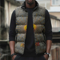 Aten Ancient Egyptian Sleeveless Puffer Jacket with Gray Astronomical Chart, Radiant Sun Disc Emblem, and Ankh - Wonder Print Shop