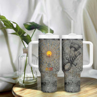 Aten Ancient Egyptian Tumbler With Handle with Gray Astronomical Chart, Radiant Sun Disc Emblem, and Ankh - Wonder Print Shop