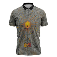 Aten Ancient Egyptian Zipper Polo Shirt with Gray Astronomical Chart, Radiant Sun Disc Emblem, and Ankh - Wonder Print Shop