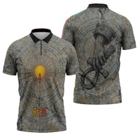 Aten Ancient Egyptian Zipper Polo Shirt with Gray Astronomical Chart, Radiant Sun Disc Emblem, and Ankh - Wonder Print Shop