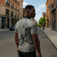Aten Ancient Egyptian Zipper Polo Shirt with Gray Astronomical Chart, Radiant Sun Disc Emblem, and Ankh - Wonder Print Shop
