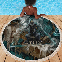 Atum Beach Blanket Ancient Egyptian Teal Marble Smoke, Solar Barque Crown, Creator Deity Statue - Wonder Print Shop