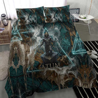 Atum Bedding Set Ancient Egyptian Teal Marble Smoke, Solar Barque Crown, Creator Deity Statue - Wonder Print Shop