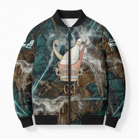 Atum Bomber Puffer Jacket Ancient Egyptian Teal Marble Smoke, Solar Barque Crown, Creator Deity Statue - Wonder Print Shop