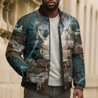 Atum Bomber Puffer Jacket Ancient Egyptian Teal Marble Smoke, Solar Barque Crown, Creator Deity Statue - Wonder Print Shop