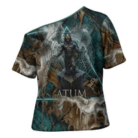 Atum Cross Shoulder Shirt Ancient Egyptian Teal Marble Smoke, Solar Barque Crown, Creator Deity Statue - Wonder Print Shop