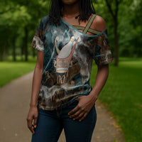 Atum Cross Shoulder Shirt Ancient Egyptian Teal Marble Smoke, Solar Barque Crown, Creator Deity Statue - Wonder Print Shop