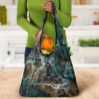 Atum Grocery Bag Ancient Egyptian Teal Marble Smoke, Solar Barque Crown, Creator Deity Statue - Wonder Print Shop
