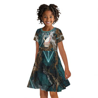 Atum Kid Short Sleeve Dress Ancient Egyptian Teal Marble Smoke, Solar Barque Crown, Creator Deity Statue - Wonder Print Shop