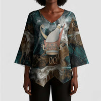 Atum Kimono Sleeve Blouse Ancient Egyptian Teal Marble Smoke, Solar Barque Crown, Creator Deity Statue - Wonder Print Shop