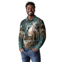 Atum Long Sleeve Polo Shirt Ancient Egyptian Teal Marble Smoke, Solar Barque Crown, Creator Deity Statue - Wonder Print Shop