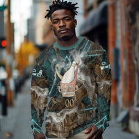 Atum Long Sleeve Shirt Ancient Egyptian Teal Marble Smoke, Solar Barque Crown, Creator Deity Statue - Wonder Print Shop