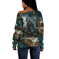 Atum Off Shoulder Sweater Ancient Egyptian Teal Marble Smoke, Solar Barque Crown, Creator Deity Statue - Wonder Print Shop