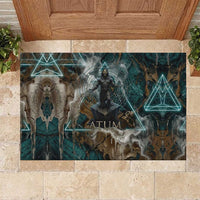 Atum Rubber Doormat Ancient Egyptian Teal Marble Smoke, Solar Barque Crown, Creator Deity Statue - Wonder Print Shop