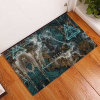 Atum Rubber Doormat Ancient Egyptian Teal Marble Smoke, Solar Barque Crown, Creator Deity Statue - Wonder Print Shop