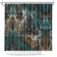 Atum Shower Curtain Ancient Egyptian Teal Marble Smoke, Solar Barque Crown, Creator Deity Statue - Wonder Print Shop