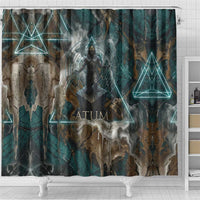 Atum Shower Curtain Ancient Egyptian Teal Marble Smoke, Solar Barque Crown, Creator Deity Statue - Wonder Print Shop
